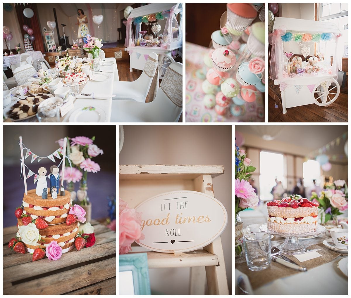 Photographs of vintage afternoon tea wedding reception at Emery Down Village Hall Wedding