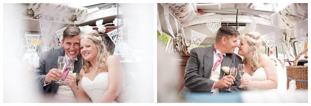 Bride and groom in vintage VW campervan