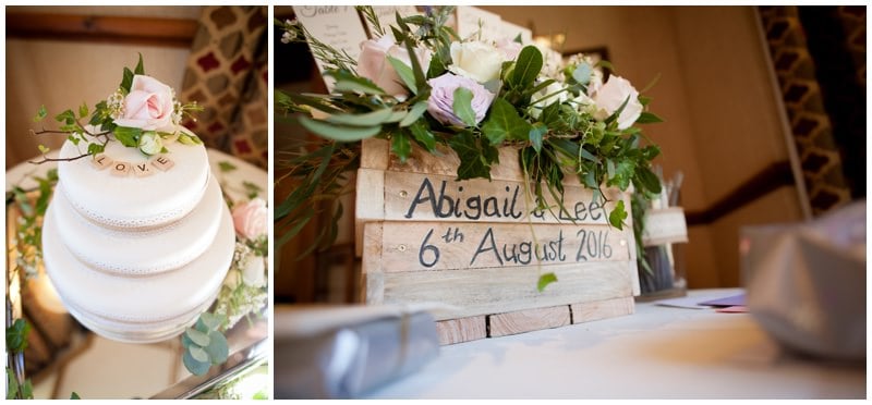 Photography of cake and decorations at Tyrrells Ford Hotel wedding reception