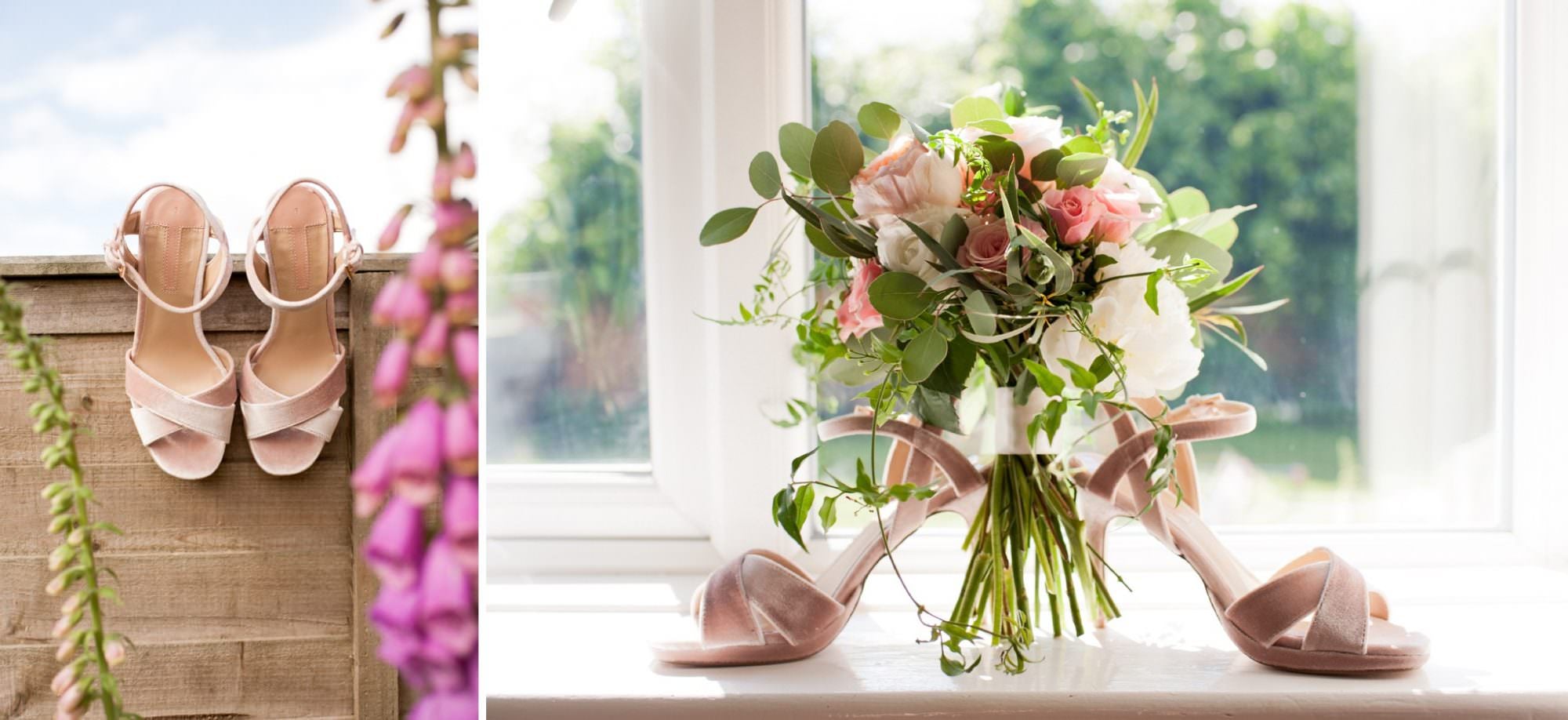 Photograph of flowers and velvet wedding shoes in Sopley