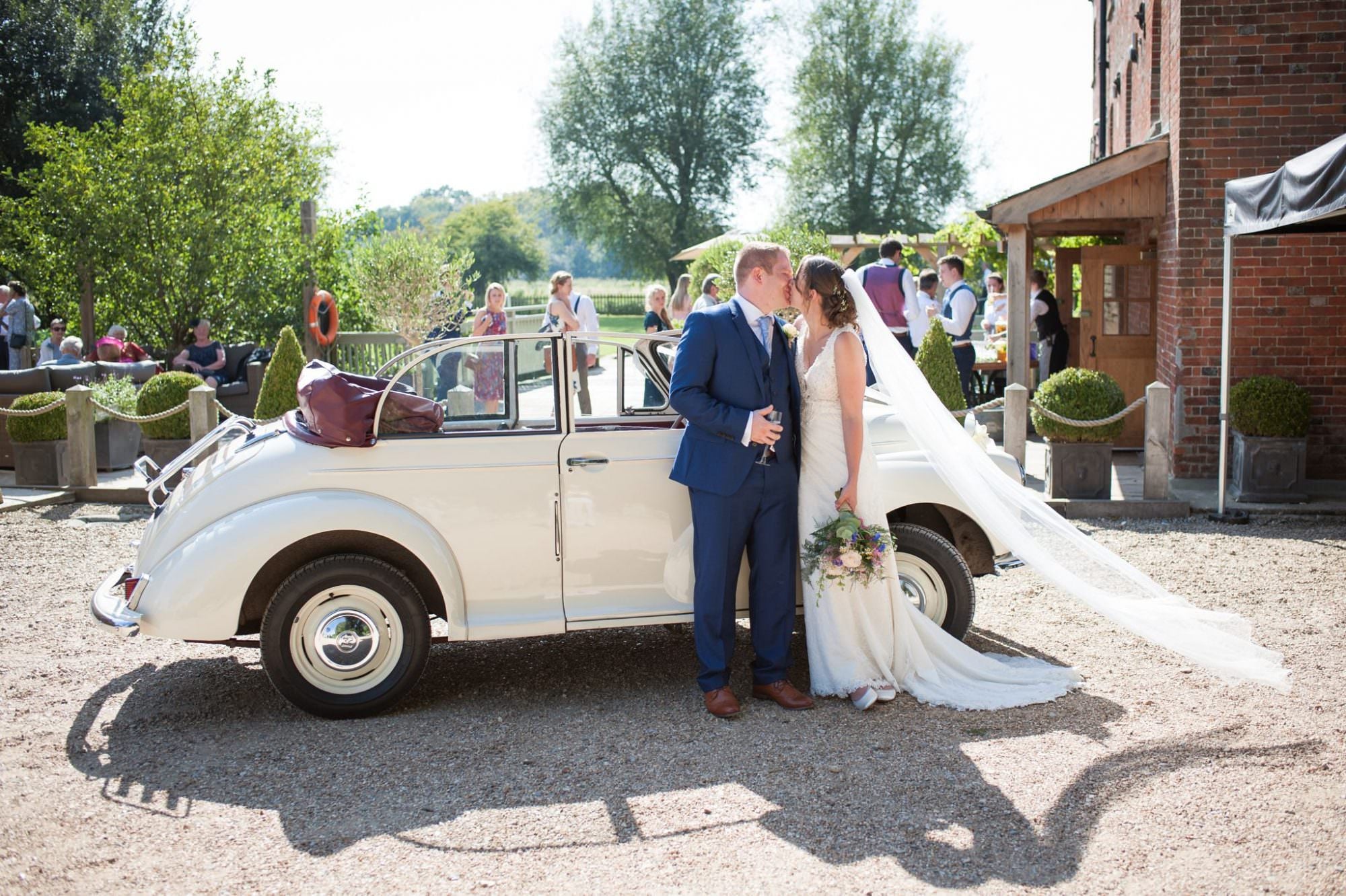 Morris minor at Sopley Mill wedding