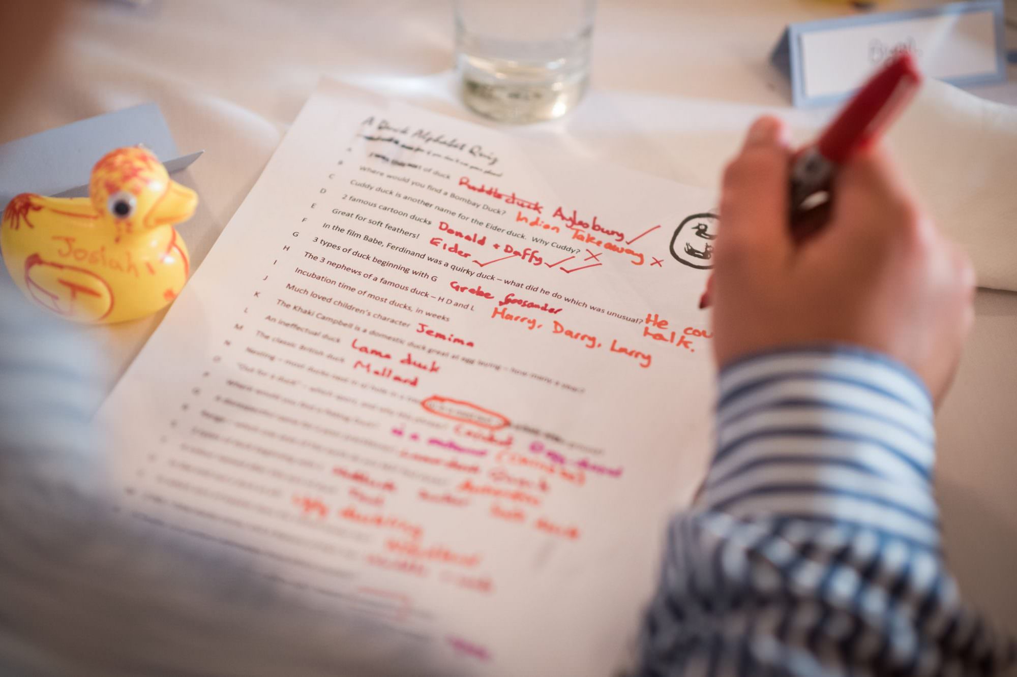 Duck alphabet quiz at Sopley Mill and Canford magna church wedding