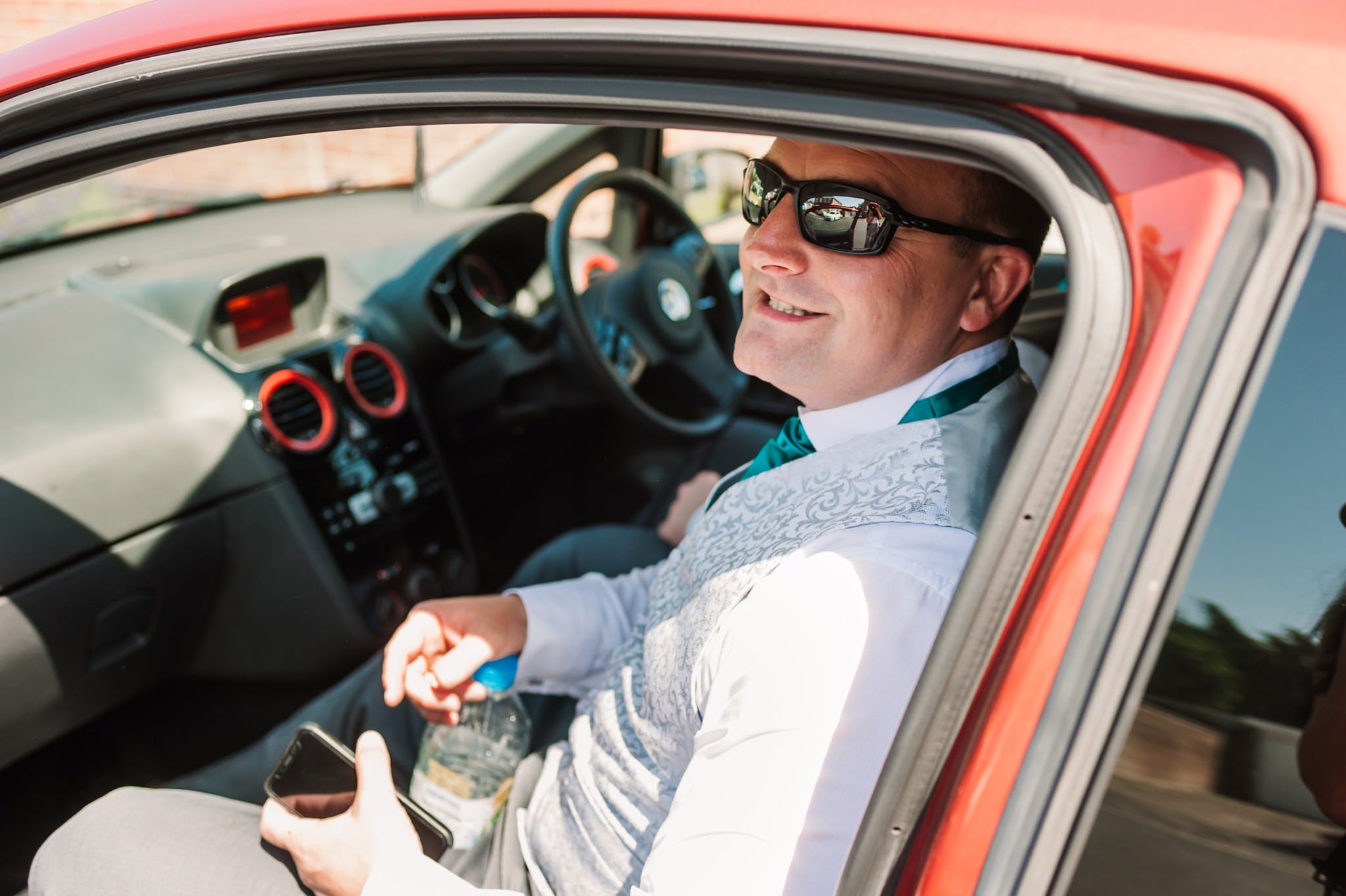 Photo of groom arriving at Gordleton Mill