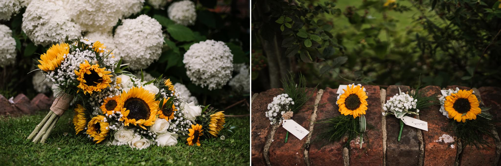 Sunflower bouquet and buttonholes at Three Choirs Vineyard wedding