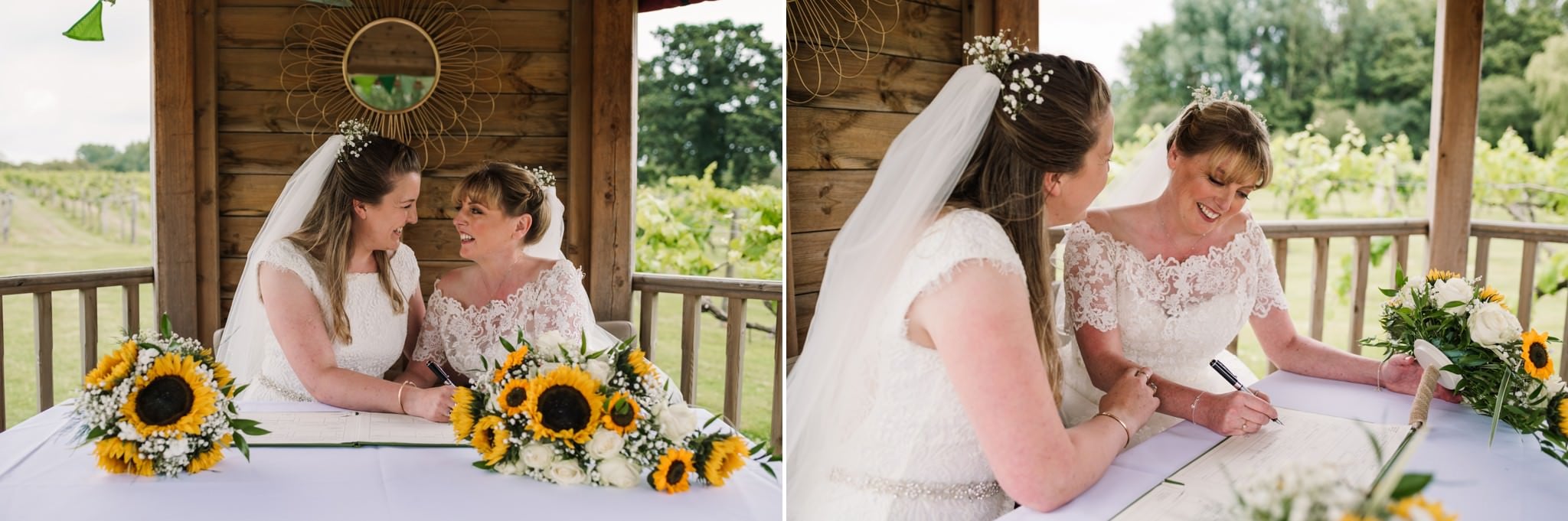 Photos of signing the register at Three Choirs Vineyard wedding