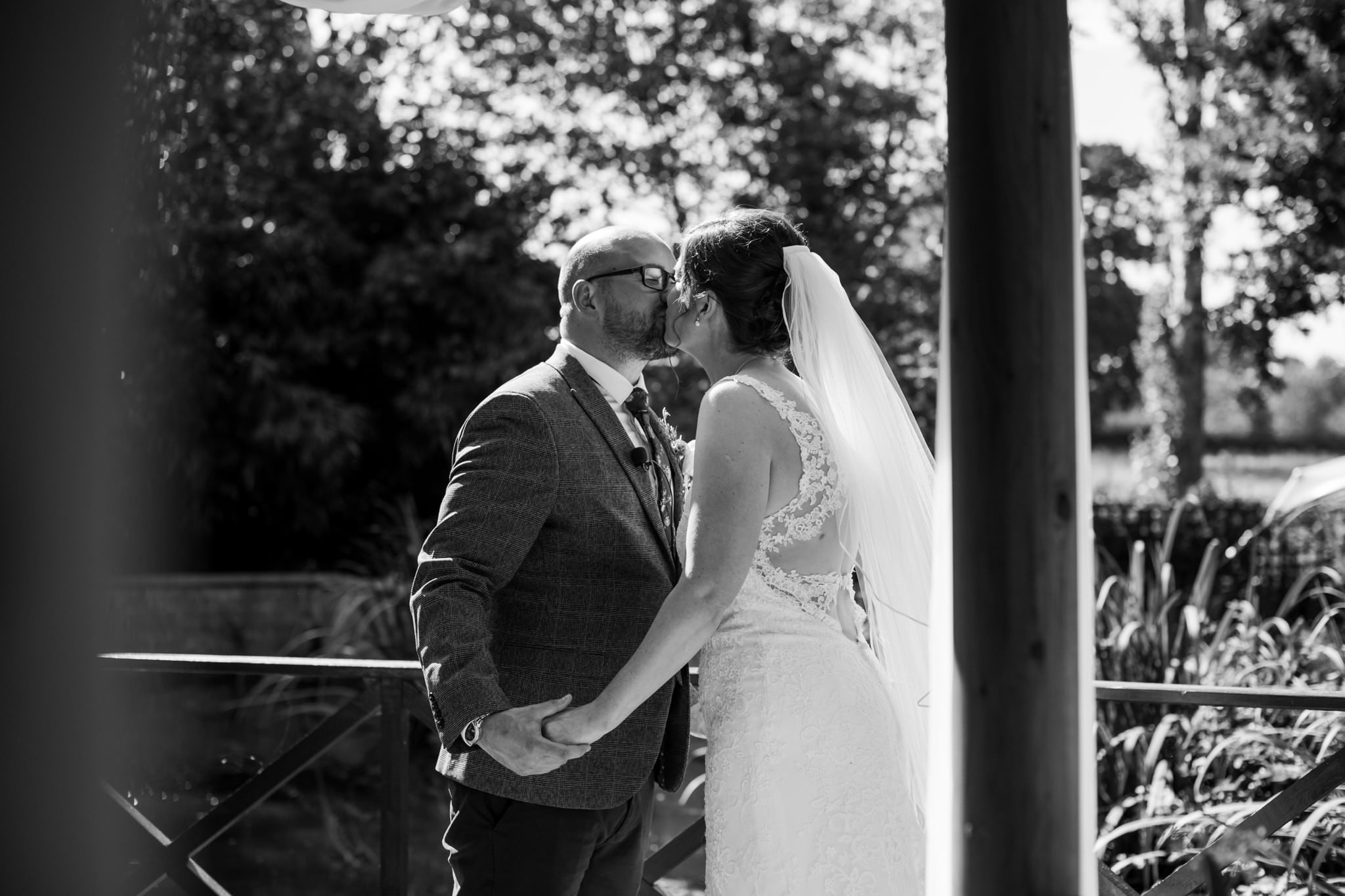 Photos of first kiss at Gordleton Mill Wedding