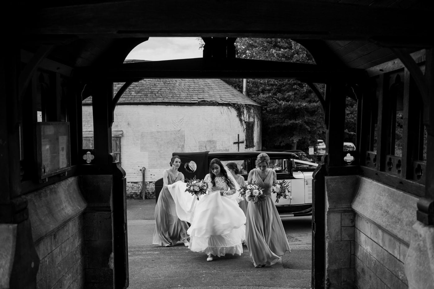 Bridal party arrive at dorset church