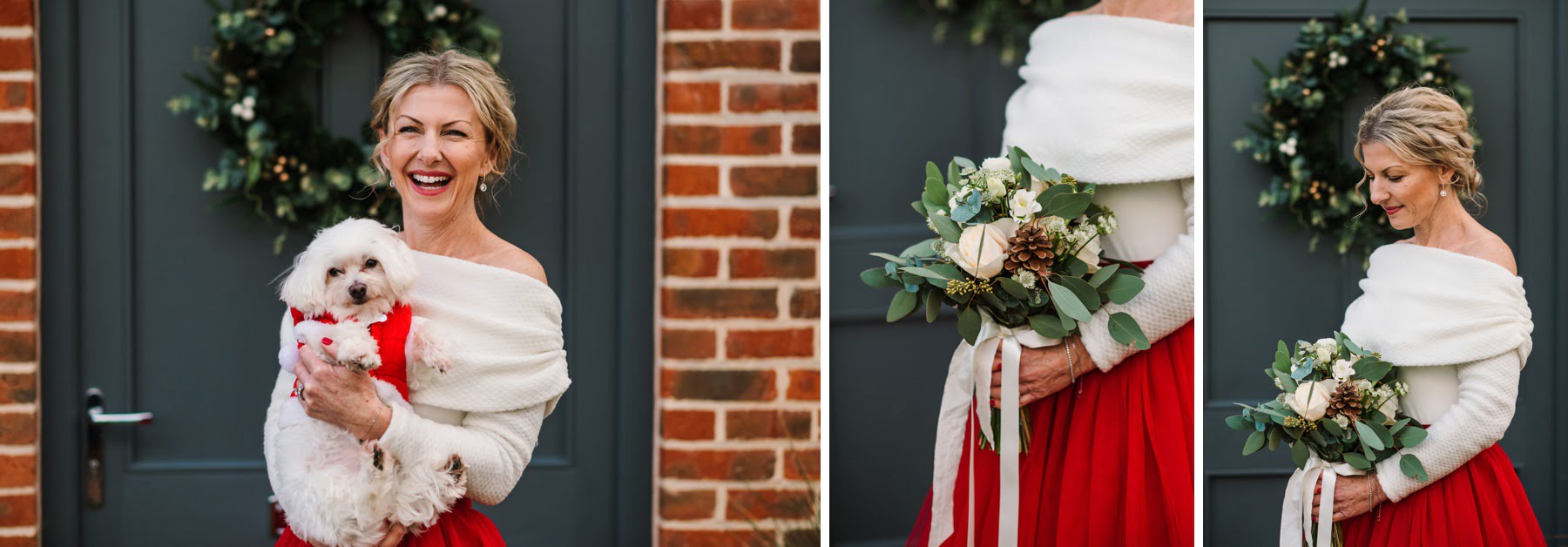 Bride and her dog at Christmas Wedding