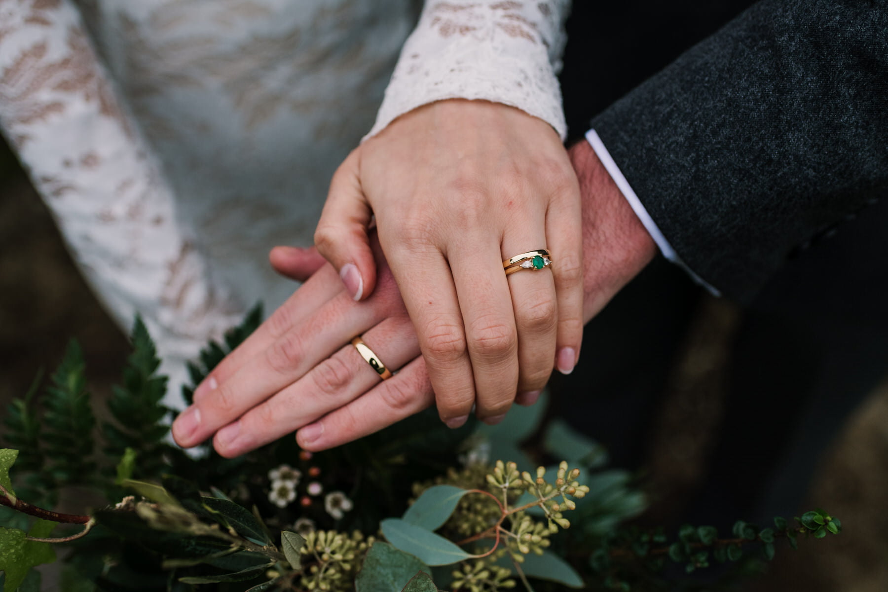Green engagement ring at New Forest wedding